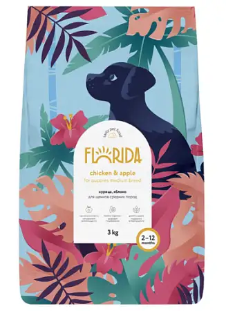 Купить florida сухой корм для щенков средних пород с курицей и яблоком